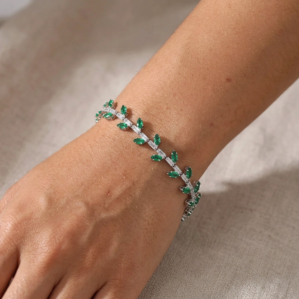Bracelet Argenté en Acier inoxydable feuillages verts Brillant