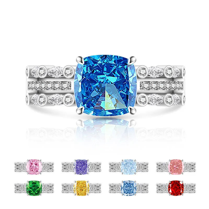 Bague ajustable en acier inoxydable argentée à pierre carrée bleue, entourage pavé.