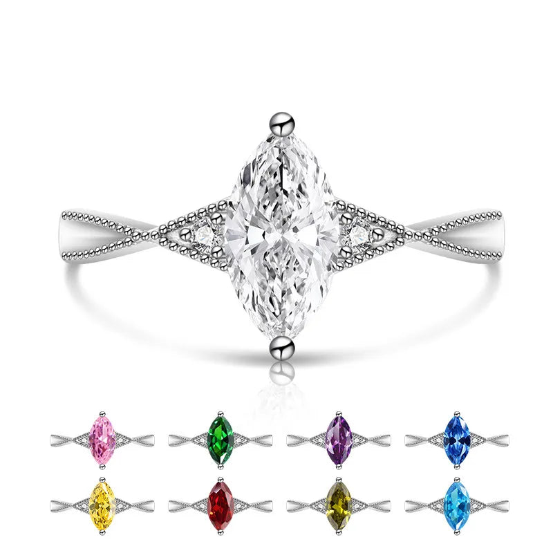 Bague argentée ajustable à pierre solitaire marquise transparente, monture pavée