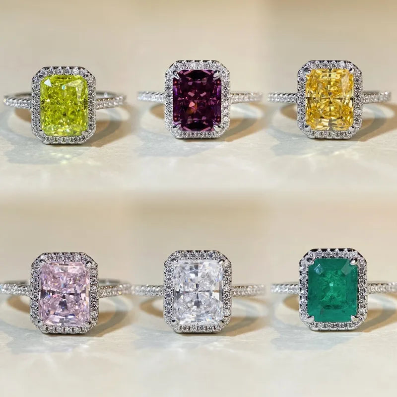 Bague solitaire argent 925 avec pierres coussin vert, violet et jaune, halo pavé.