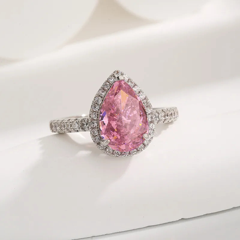 Bague goutte solitaire en acier argenté, pierre rose facettée