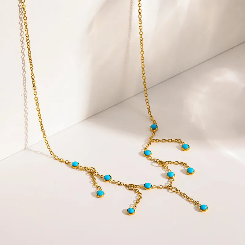 Collier plaqué or turquoise à pendentifs multiples, chaîne dorée à billes