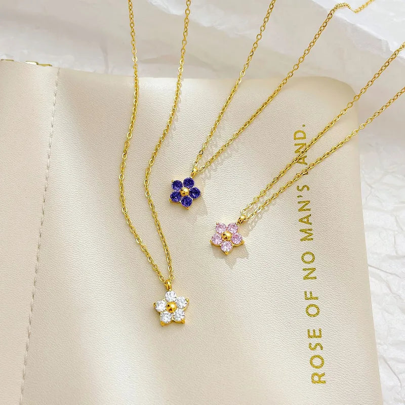 Colliers à pendentifs fleurs cristal plaqué or, blanc, bleu et rose