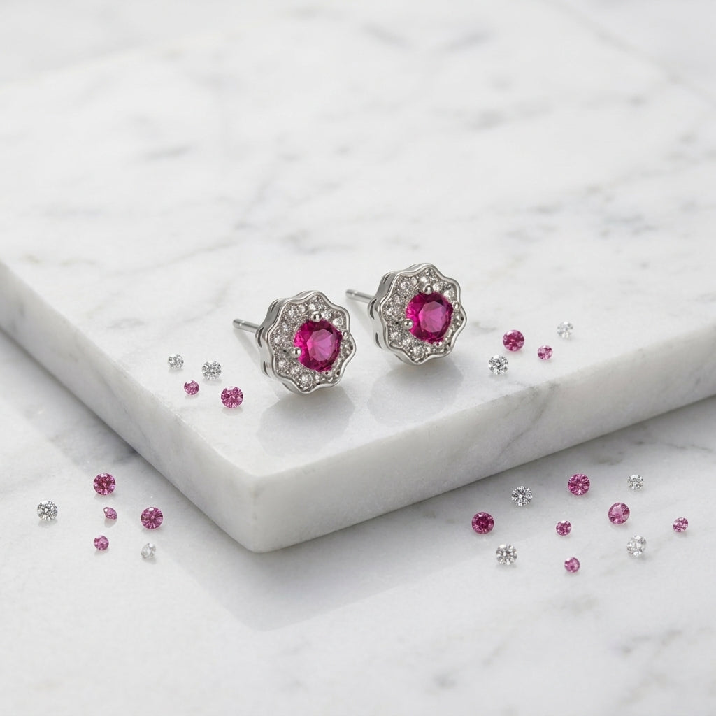 Boucles d’oreilles à clous argent motif fleur, zircon rose fuchsia et petits strass.