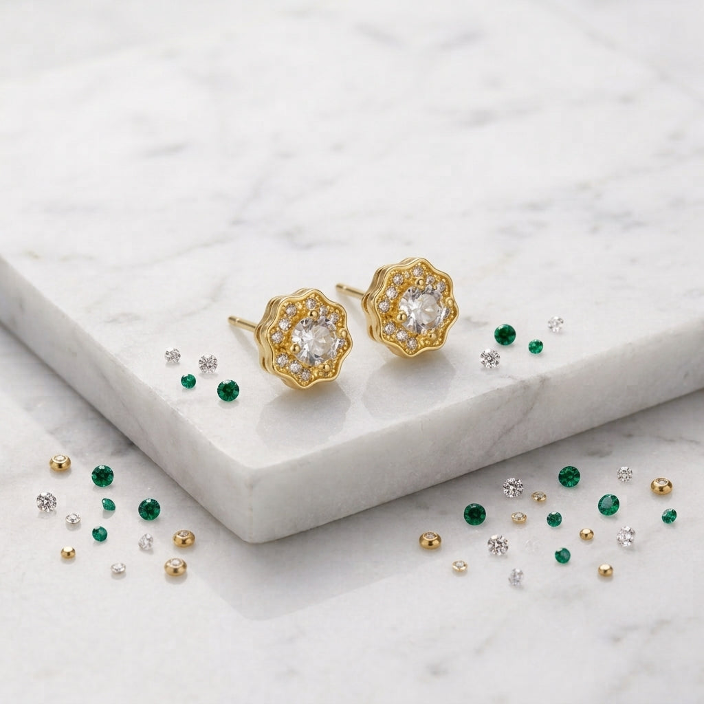 Boucles d’oreilles à clous motif fleur doré, zircons jaunes, verts et blancs.