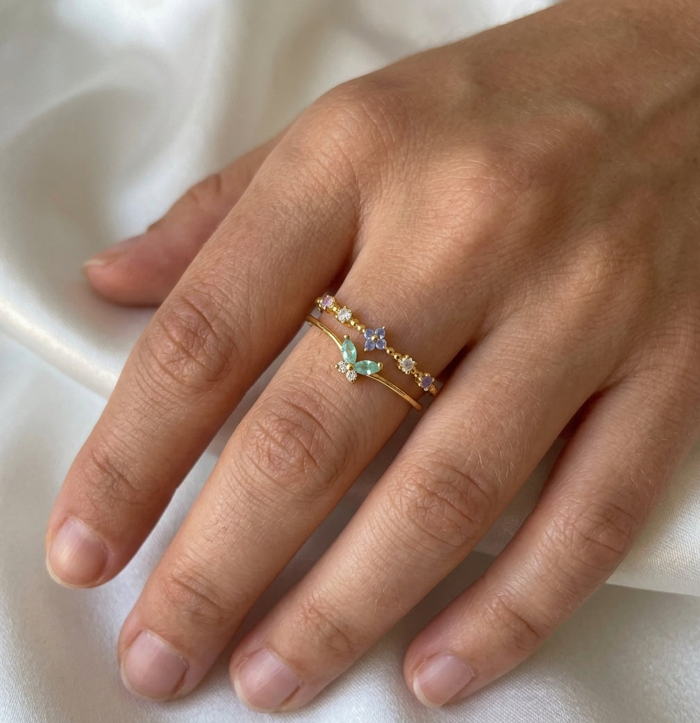Bague réglable double rang plaqué or doré, papillon vert et zircons pastel
