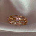 Bague double rang dorée sertie, fleur rose-violet en forme de cerisier, ajustable