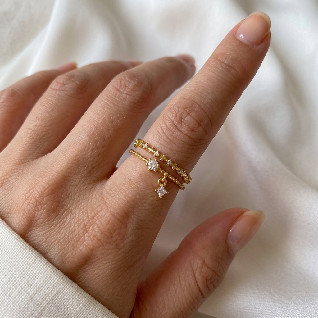 Bague Dorée Ajustable plaqué Or 18k Double Rang Zircons Blancs étincelants style bohème chic - jewelry by kitana