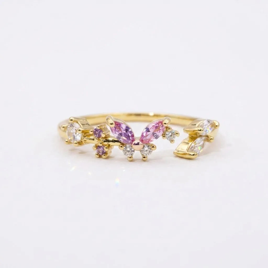 Bague papillon dorée plaquée or avec pierres roses et blanches, anneau ajustable