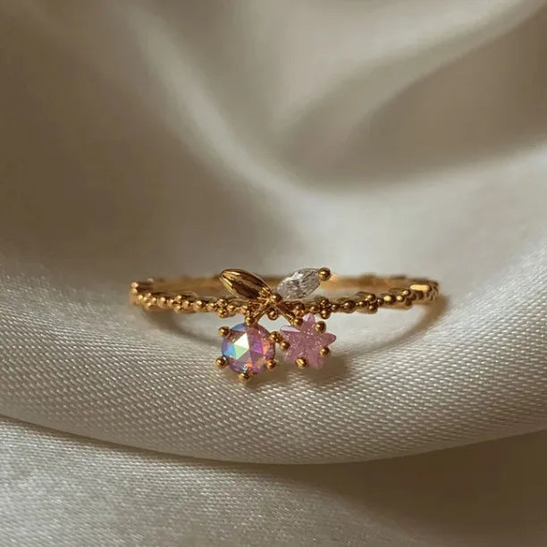 Bague réglable plaquée or 18K, motifs cerise et étoile, pierres roses