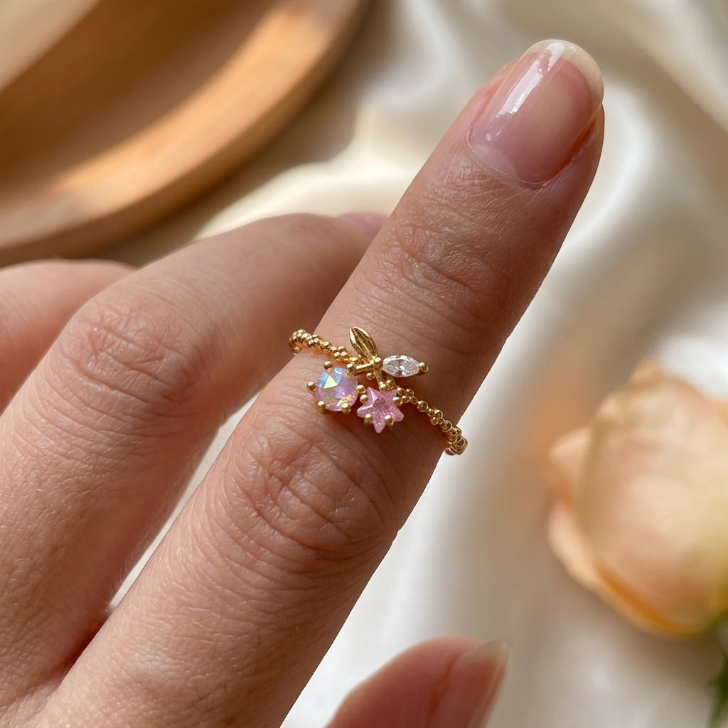 Bague cerises étoile ajustable plaquée or 18K portée au pouce, chaînette dorée, zircon aurore irisé et étoile rose avec feuille dorée — Jewelry by Kitana