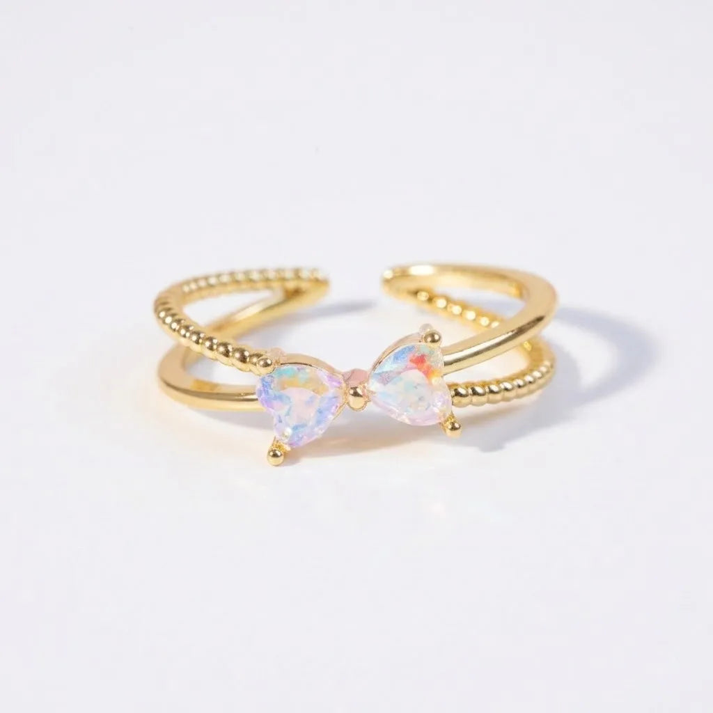Bague ajustable dorée double anneau, avec deux pierres ovales caméléon