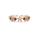 Bague ajustable dorée à fleurs, pierres rose et fuchsia, zircon étincelants