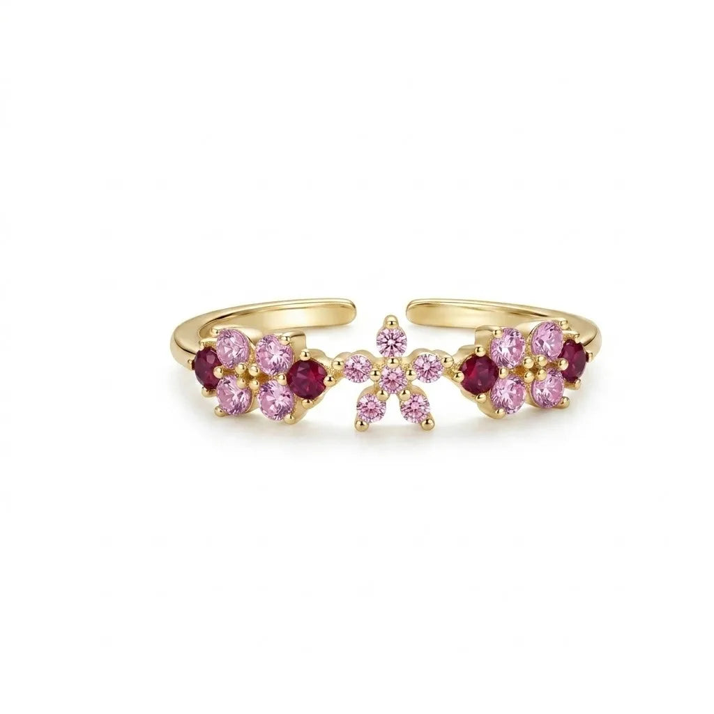 Bague ajustable dorée à fleurs, pierres rose et fuchsia, zircon étincelants