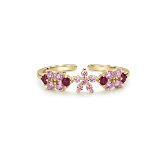 Bague ajustable dorée à fleurs, pierres rose et fuchsia, zircon étincelants