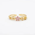 Bague dorée ajustable double rang ciselé, fleur rose en zircons roses