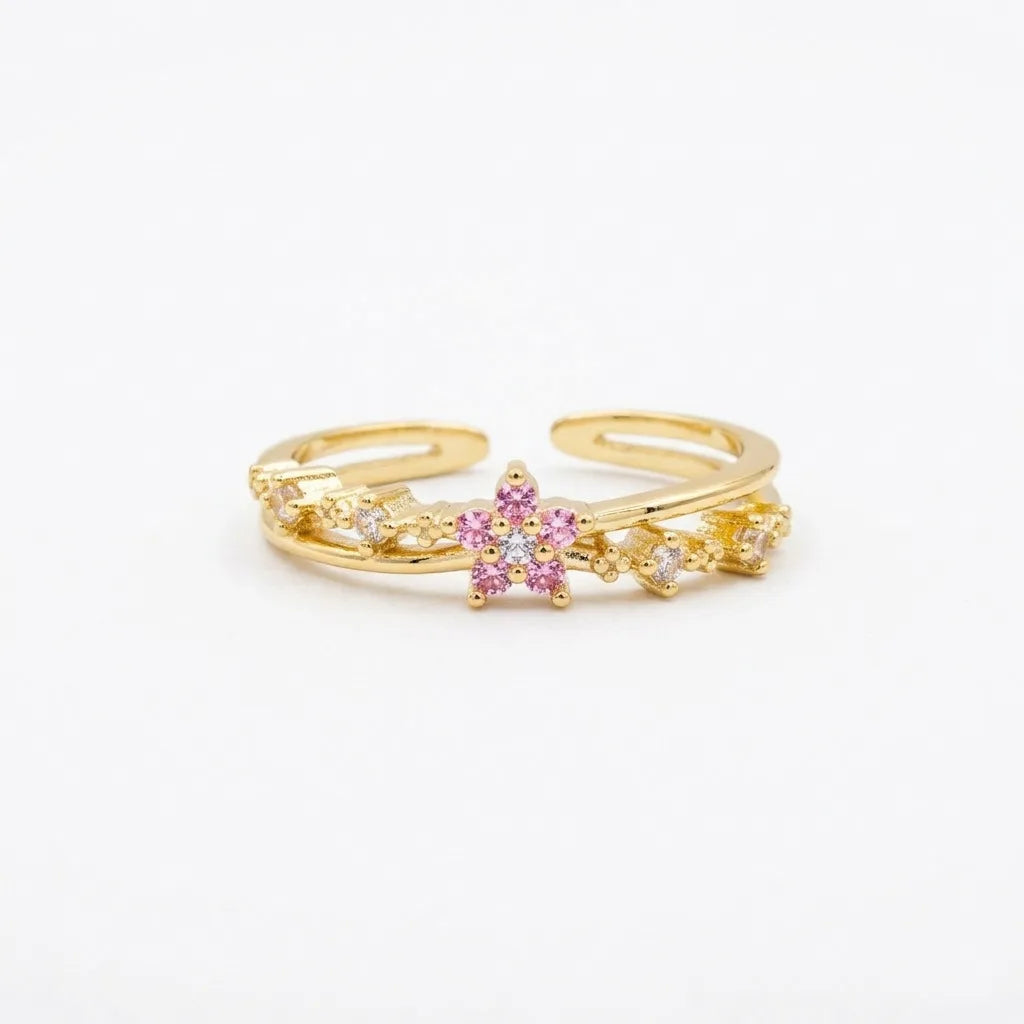 Bague dorée ajustable double rang ciselé, fleur rose en zircons roses