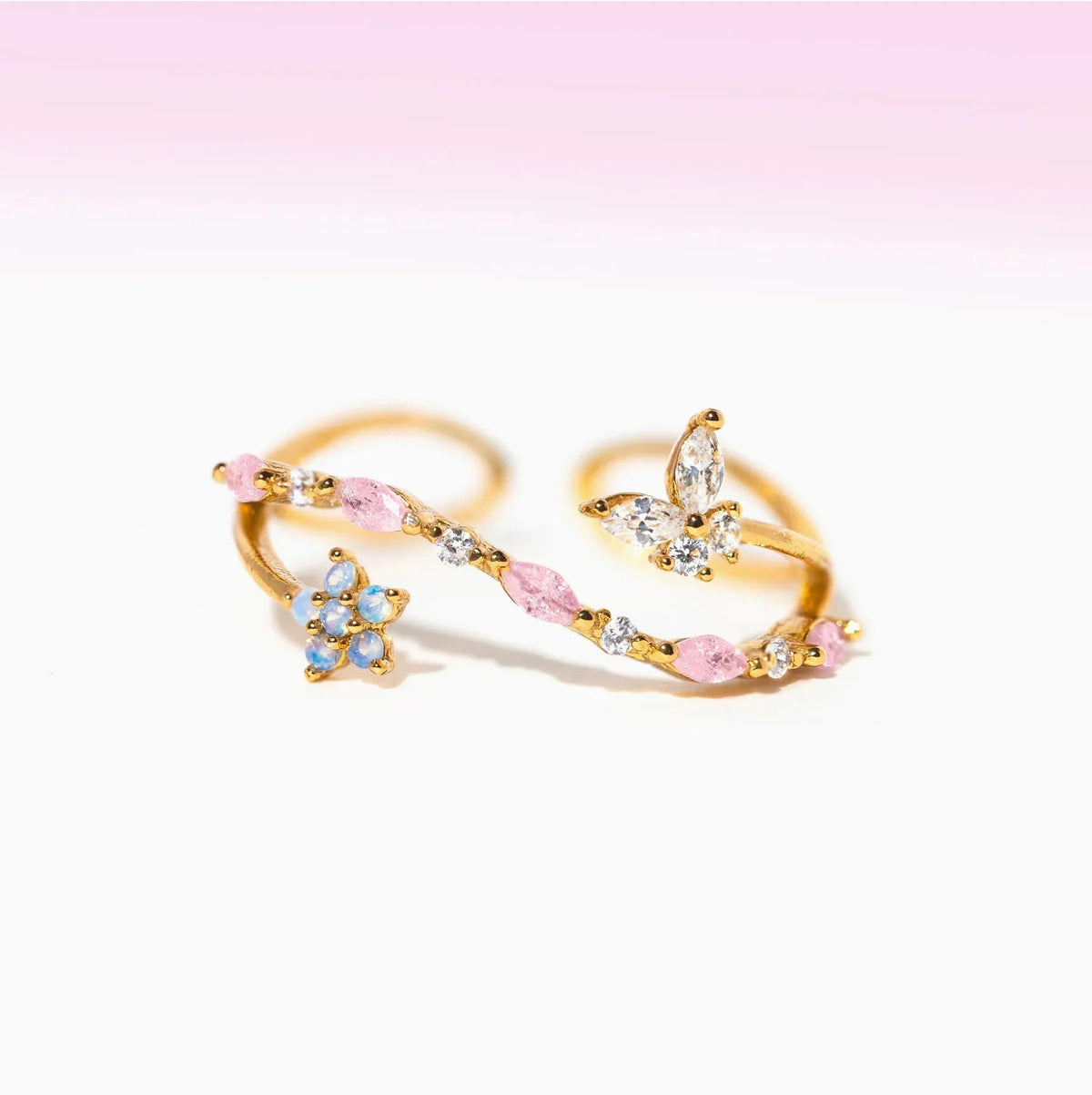 Bague ajustable plaqué or 18K avec pierres roses, fleurs opalines bleues et zirconiums
