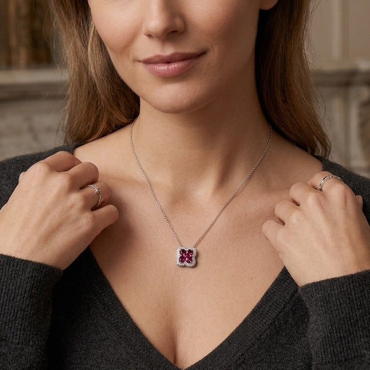 collier en argent 925 pendentif zirconium couleur Framboise rose fushia