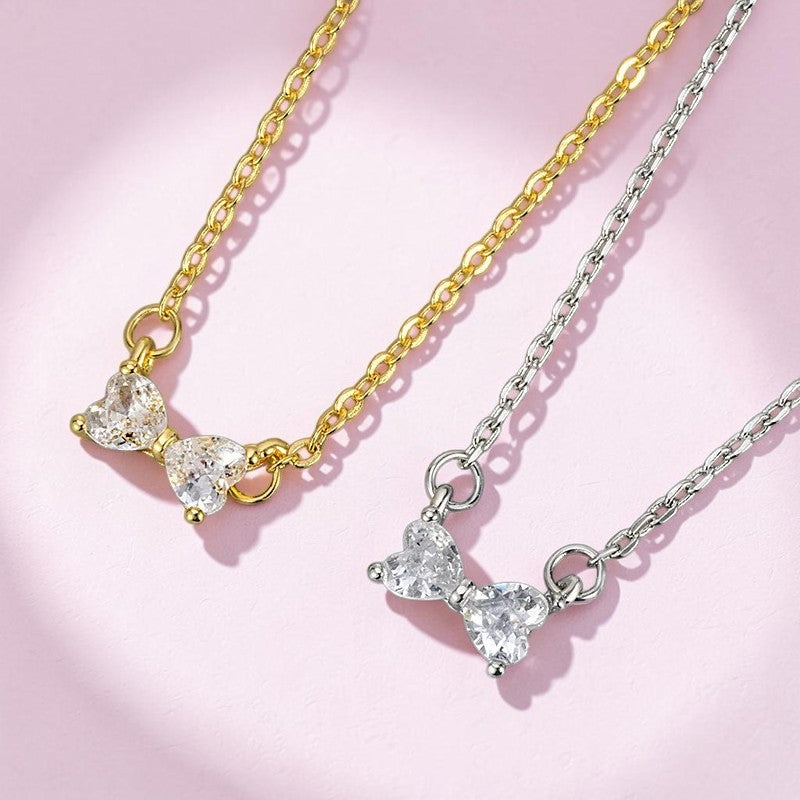 Collier à pendentif nœud papillon en zircon, chaînes dorée et argentée, deux pierres
