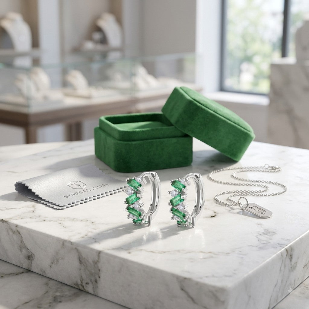 Petites créoles huggies argentées avec pierres baguette vert émeraude, sur présentoir