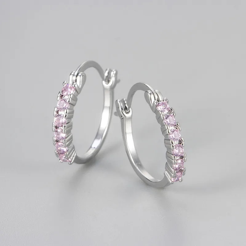 Créoles en argent 925 pavées de zircons rose poudré, anneaux semi-créoles