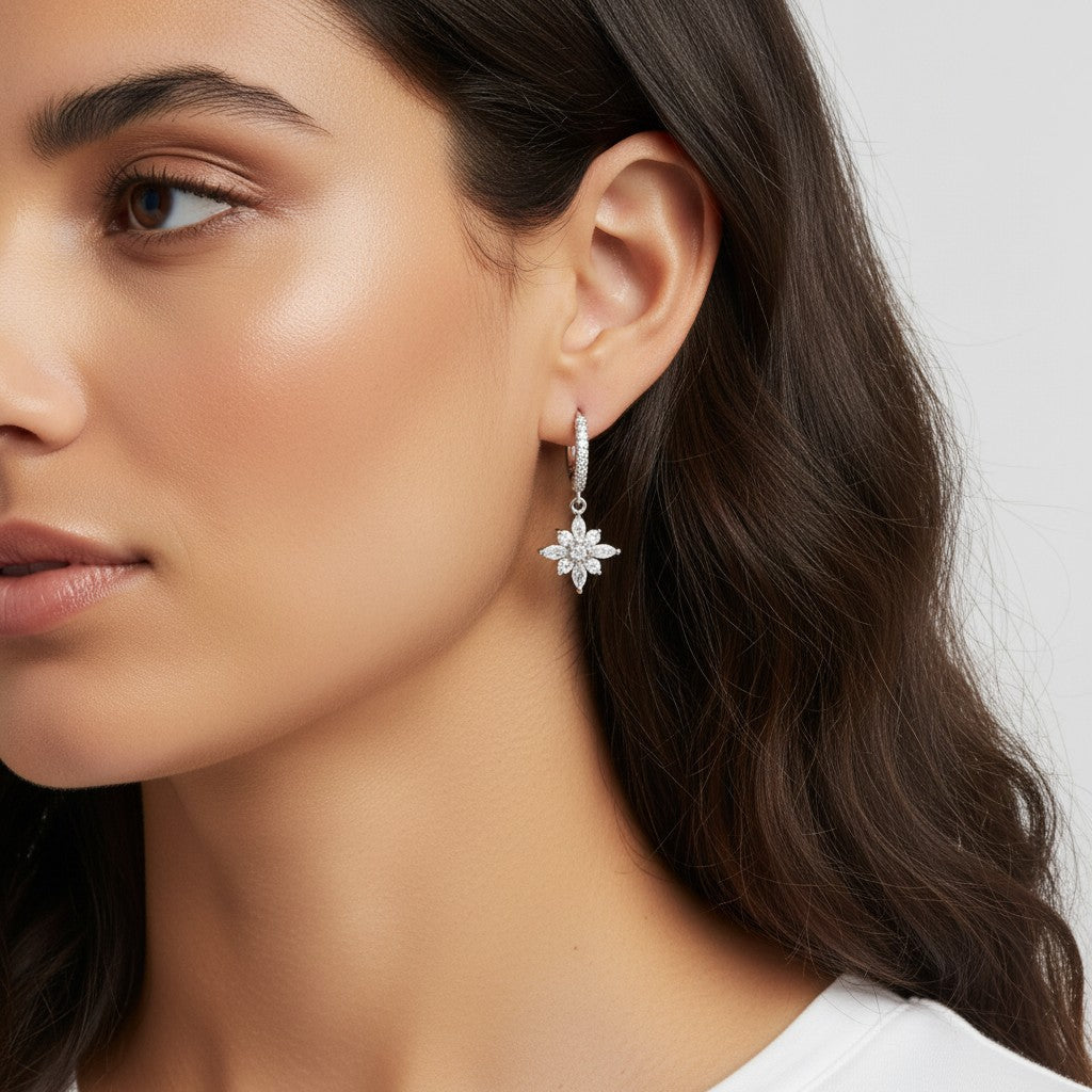 Créoles Pendants Fleur Solaire en Argent Sterling 925 - Zircons Scintillants-jewelry by kitana