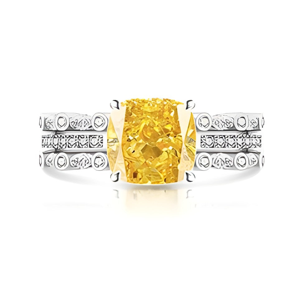 Bague ajustable en acier inoxydable argentée, pierre carrée jaune.