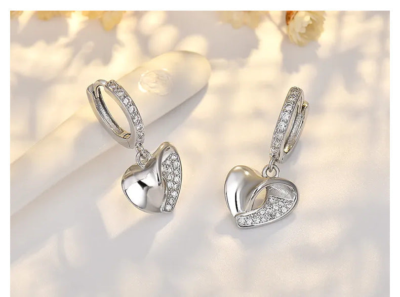 Créoles argent avec pendentif cœur pavé de zircons et finition miroir