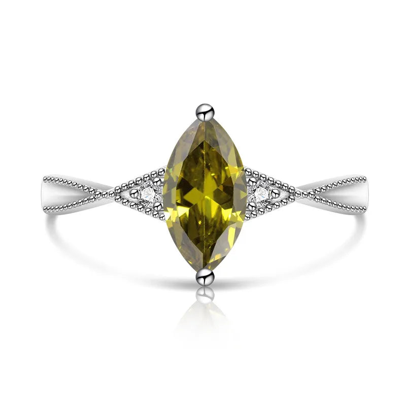 Bague argentée ajustable à pierre solitaire marquise jaune-vert, monture pavée
