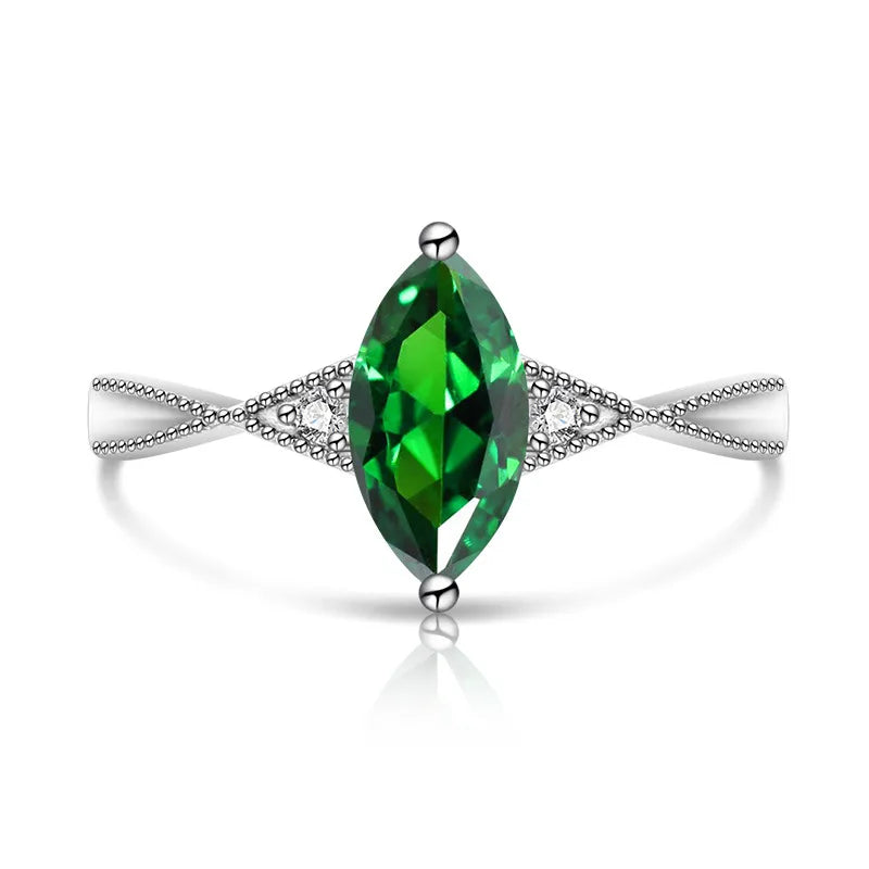 Bague argentée ajustable à pierre solitaire marquise verte, monture pavée