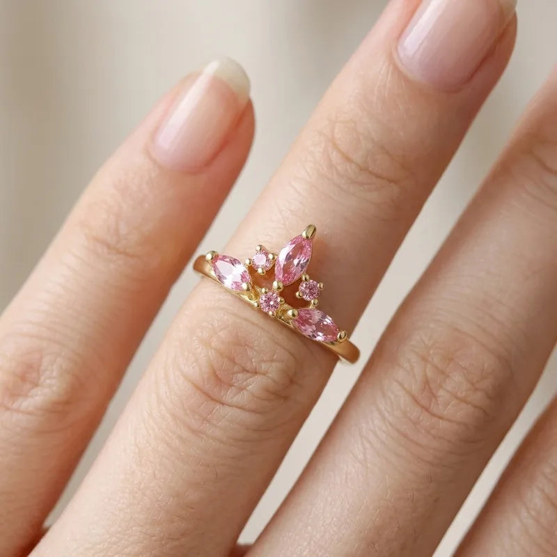 Bague couronne plaquée or, zircons roses, anneau ajustable