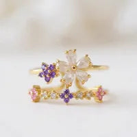 Bague double rang en plaqué or, fleurs avec zircons violets et roses, ajustable