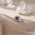 Bague solitaire ajustable double halo zircon violet taille carré entourage cristal blanc argentée acier inoxydable — Jewelry by Kitana
