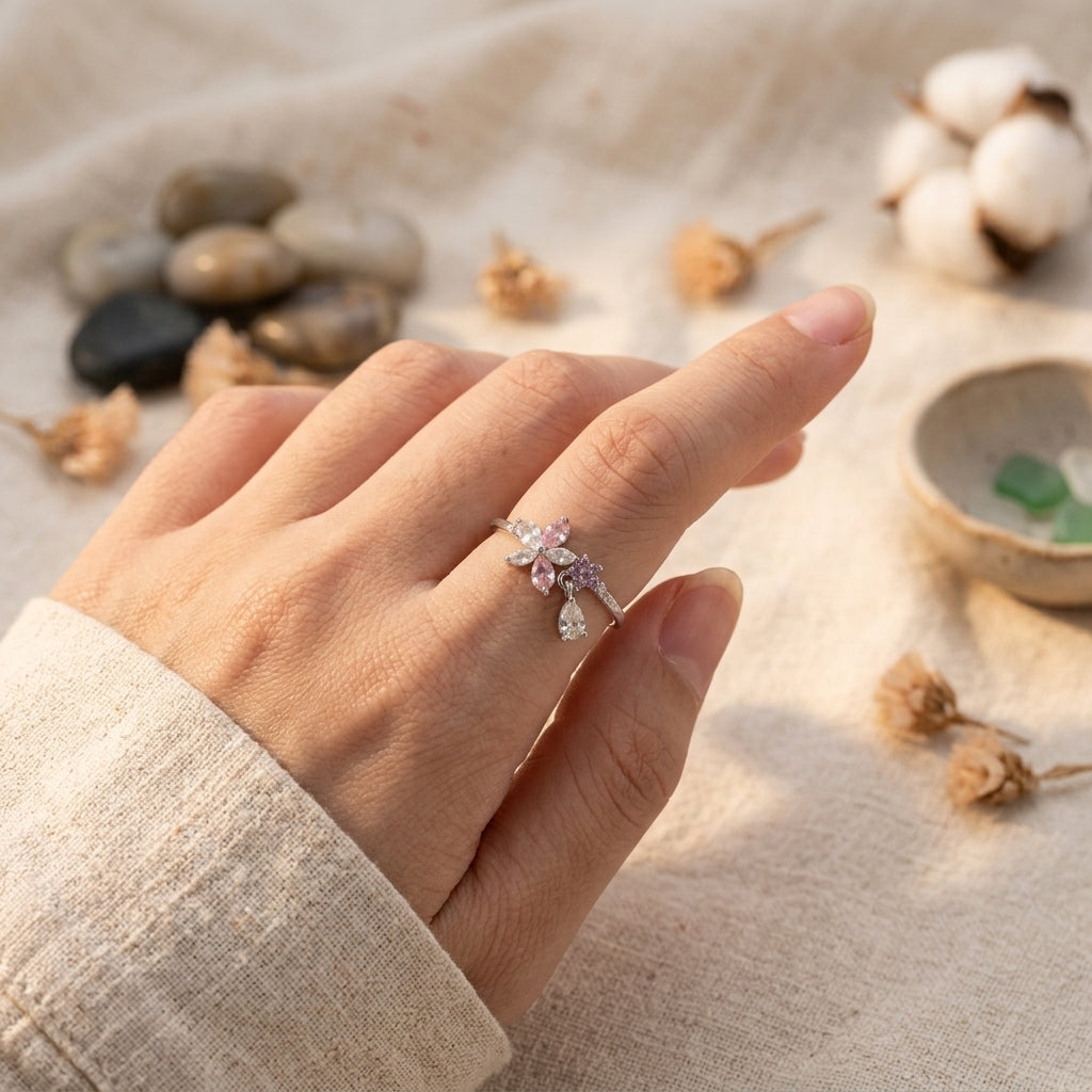 Bague ajustable argentée avec fleurs, zircons roses et violets et pampille goutte portée au doigt