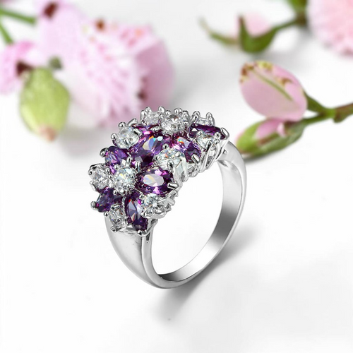 Bague argentée bouquet de zircons violets et cristal blanc acier inoxydable — Jewelry by Kitana