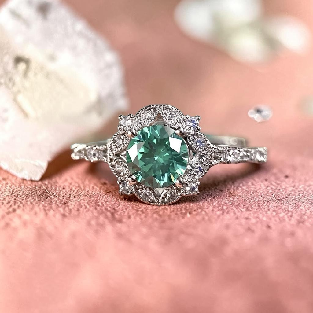 Bague solitaire halo floral argentée avec pierre centrale vert d'eau et zircons blancs — Jewelry by Kitana