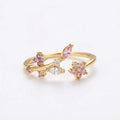 Bague ajustable dorée en acier inoxydable, zircons roses et pierres marquise en forme ovale