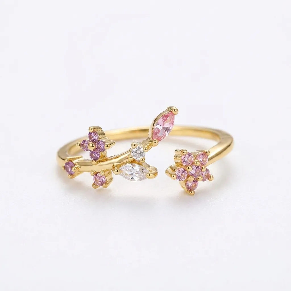Bague ajustable dorée en acier inoxydable, zircons roses et pierres marquise en forme ovale