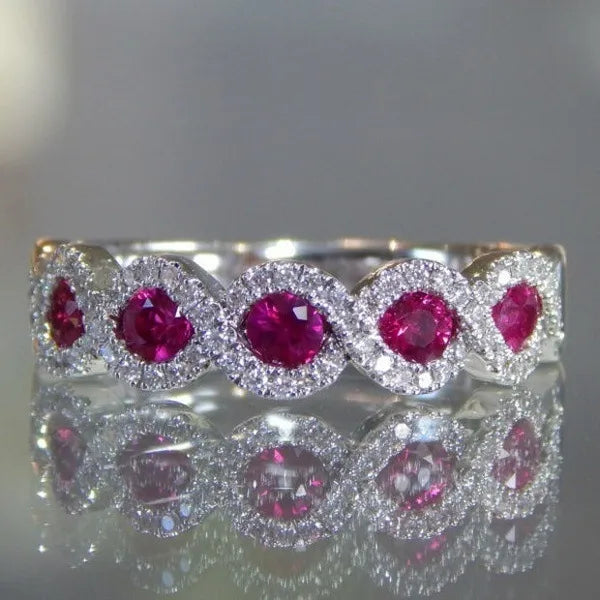  Bague alliance 5 zircons fuchsia halo pavé blanc plaquée argent — Jewelry by Kitana
