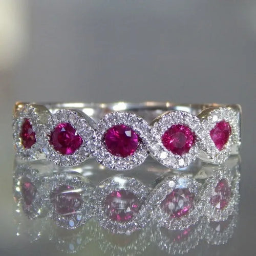  Bague alliance 5 zircons fuchsia halo pavé blanc plaquée argent — Jewelry by Kitana
