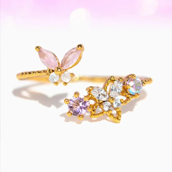 Bague réglable plaquée or, papillon rose et violet serti de zircons