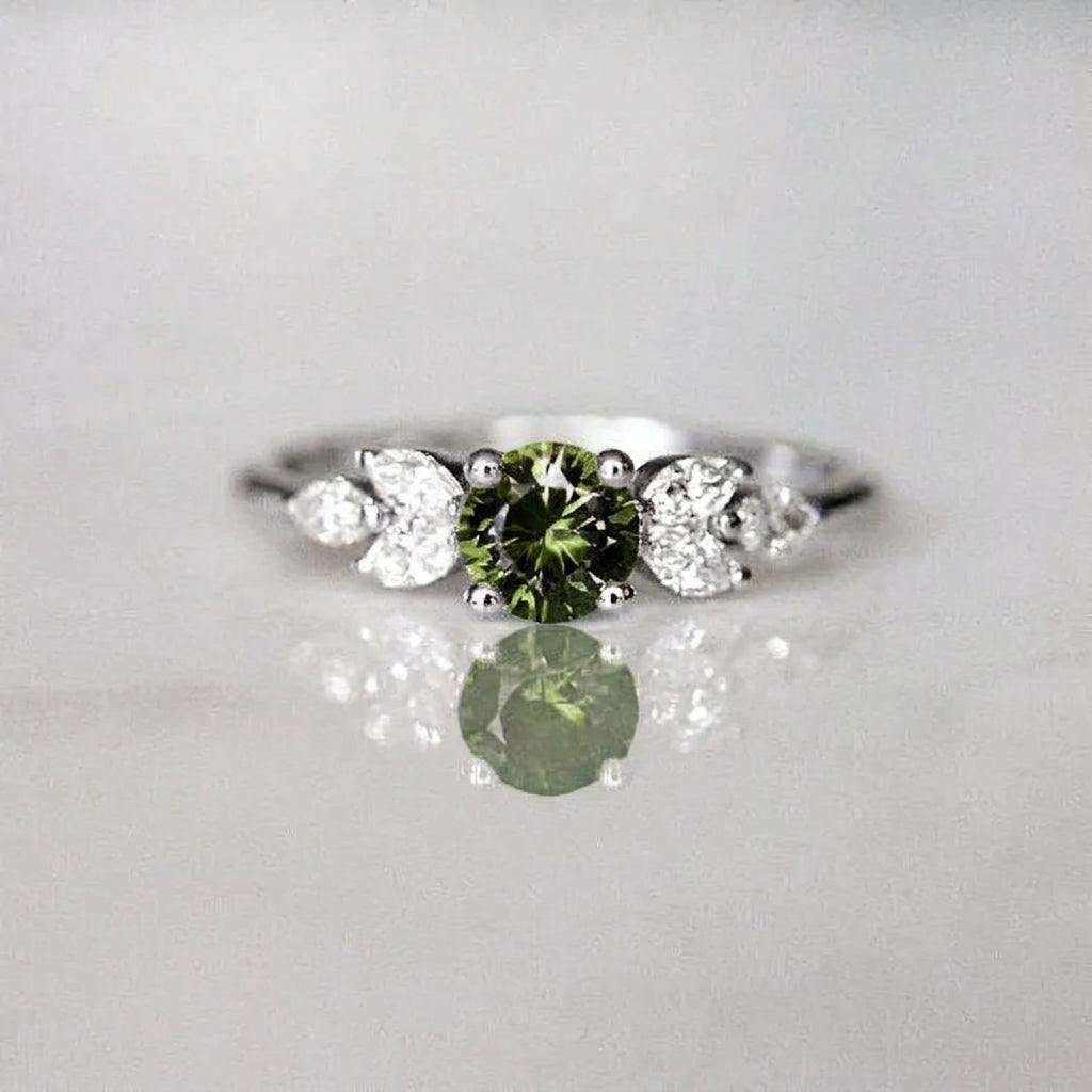 Bague halo zircon vert kaki rond, acier inoxydable plaqué argent
