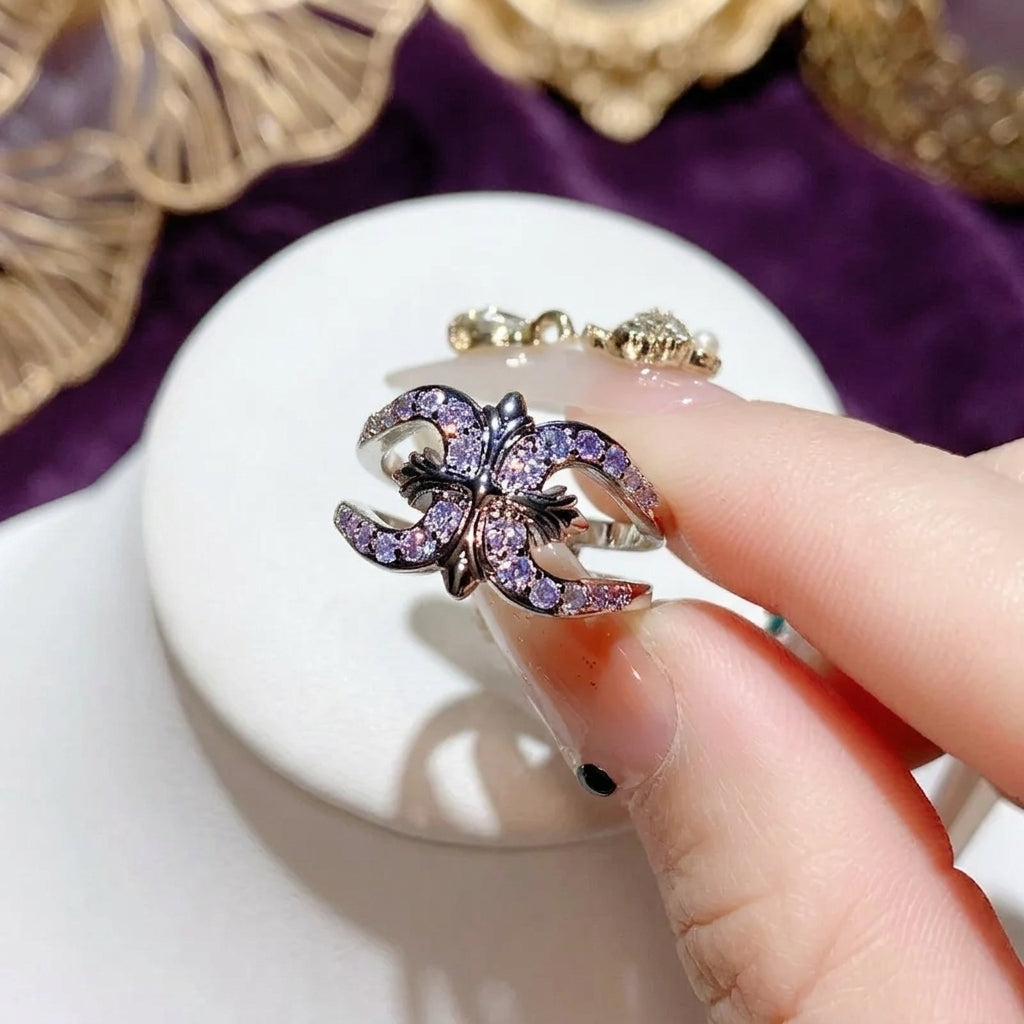 Bague ajustable zircons violets vue de côté acier inoxydable – Jewelry by Kitana
