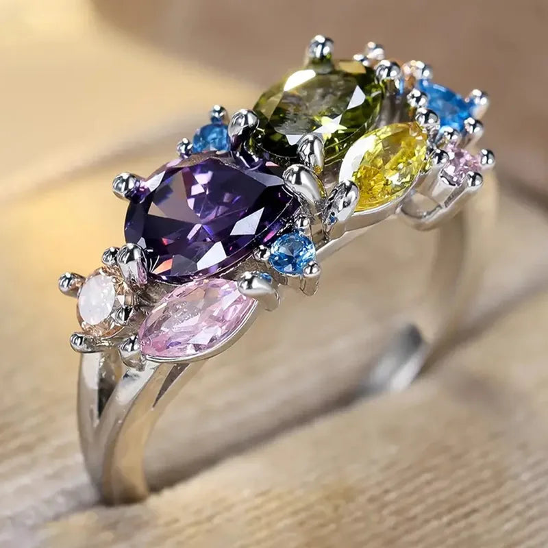 Bague bohème zircons colorés sertis griffe en acier inoxydable argenté — Jewelry by Kitana
