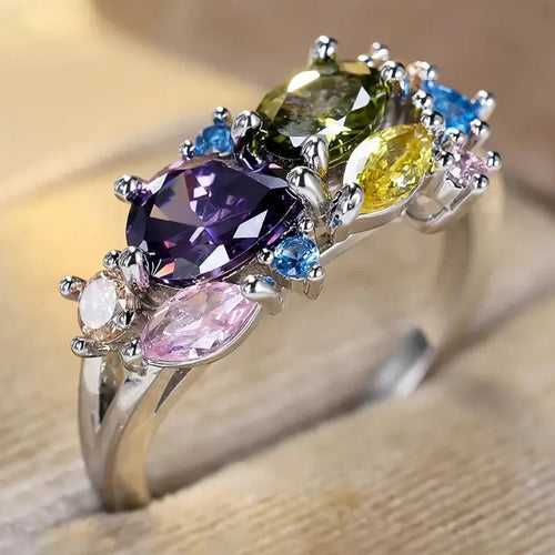 Bague bohème zircons colorés sertis griffe en acier inoxydable argenté — Jewelry by Kitana