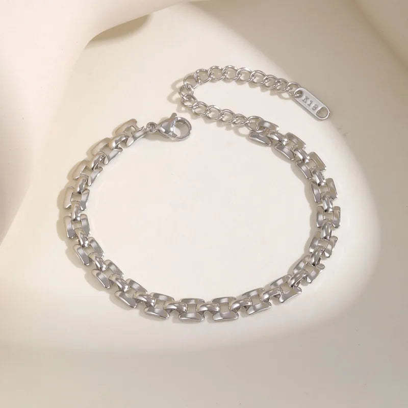 Bracelet argenté en acier inoxydable, maille rectangulaire et chaînette d’extension de 5 cm