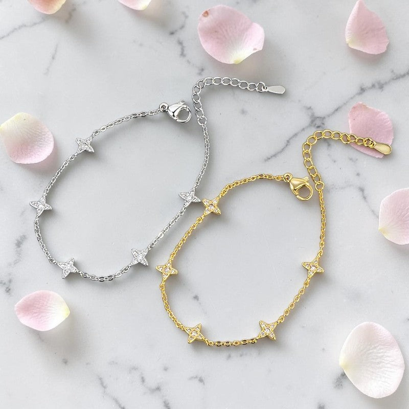 Bracelet d’étoiles en argent 925 et doré, zircon étincelants, chaînette