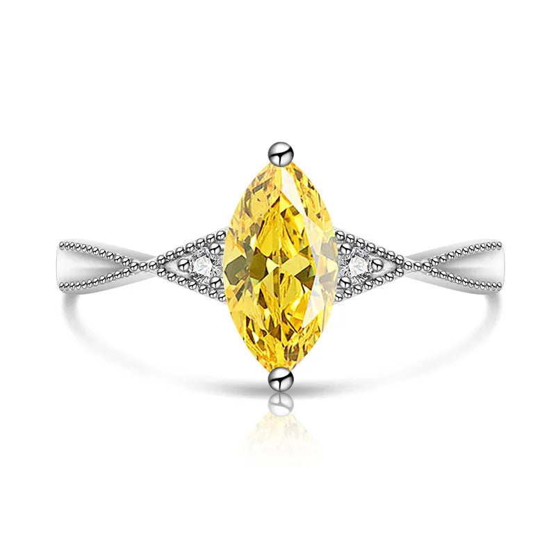 Bague argentée ajustable à pierre solitaire marquise jaune, monture pavée
